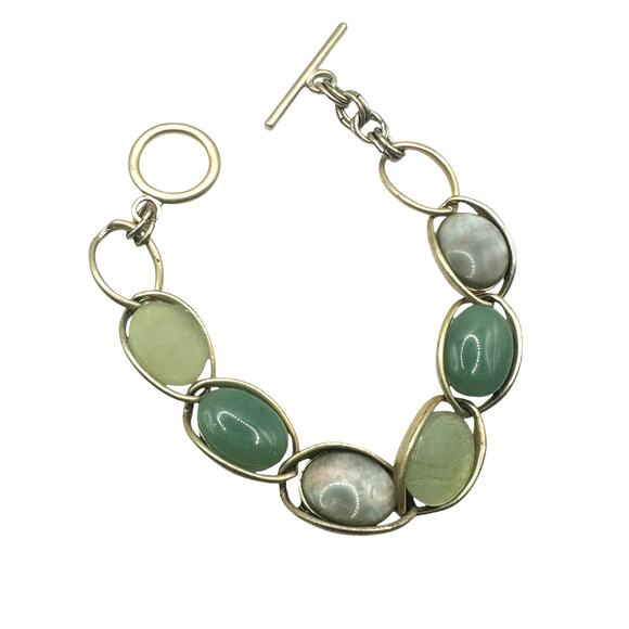 Liz Claiborne Green Bracelet Retro Link Cabachon Vintage Casual Marked Signed LC - Picture 1 of 11
